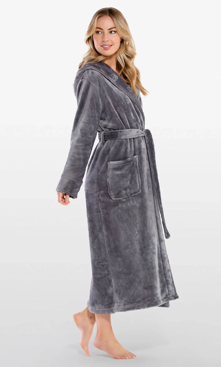 DARK GREY Unisex Soft Plush Fleece Hooded Bathrobe with Slippers