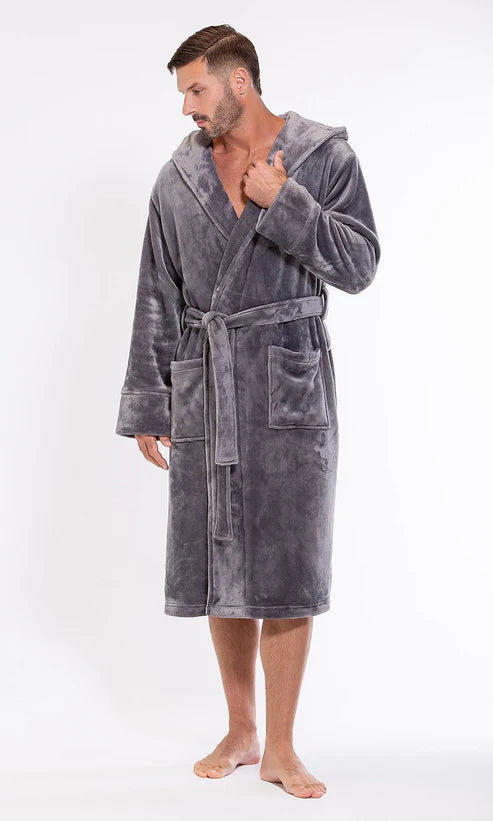 DARK GREY Unisex Soft Plush Fleece Hooded Bathrobe