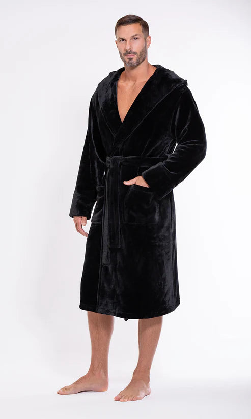 BLACK Unisex Soft Plush Fleece Hooded Bathrobe with Slippers